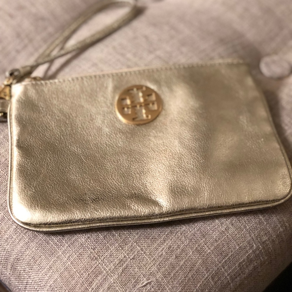 Tory Burch Metallic Gold Leather Wristlet with Logo Medallion